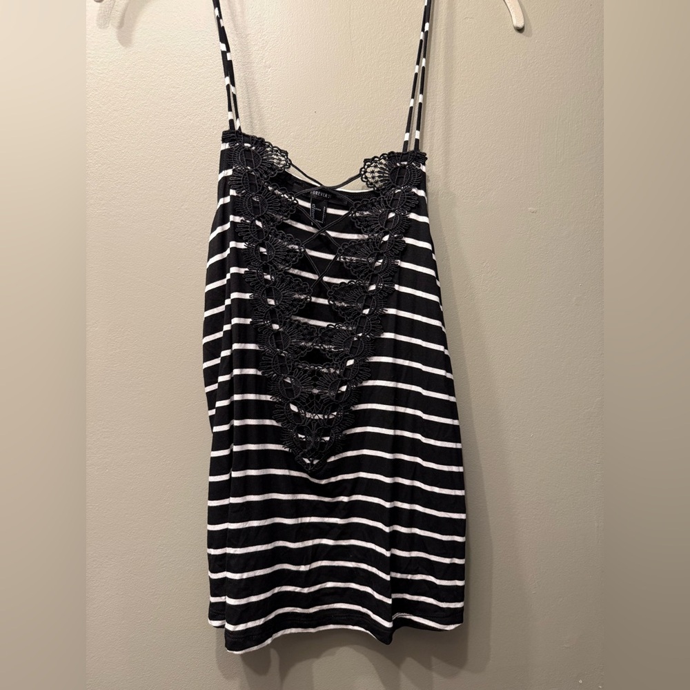 Black and White Striped Lace Tank Top